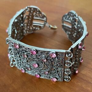 Vintage Silver Filigree Bracelet with Pink Gem Accents